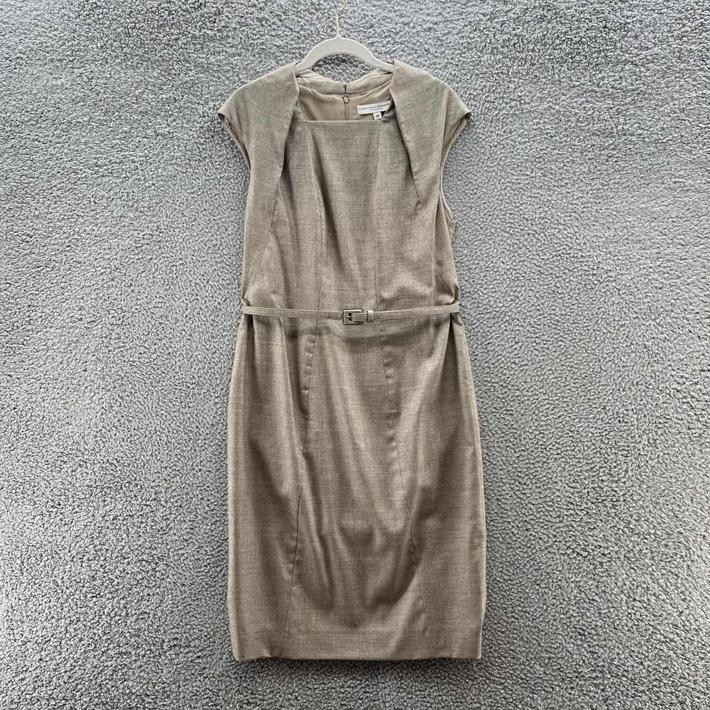 Carolina Herrera Dress 10 Beige Belted Sheath Wool Silk Classic Quiet Luxury USA
